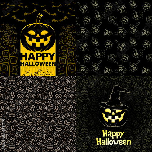 Halloween Party posters or invitations. Halloween seamless patterns. Postcards Happy Halloween.