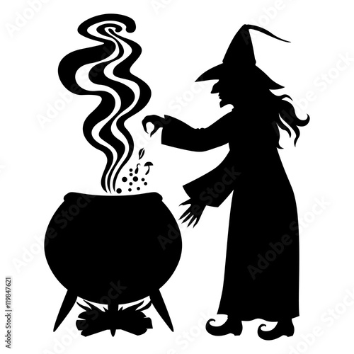 Witch brews a potion in a cauldron