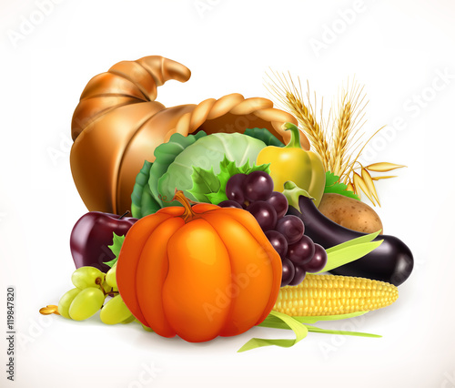 Horn of plenty. Harvest fruits and vegetables. Cornucopia. 3d vector icon