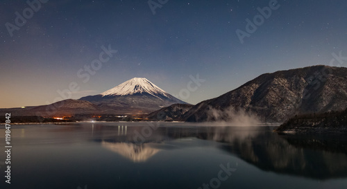 Mountain Fuji and Lake Motosu at night in winter