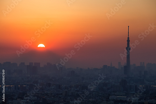 Fuji Diamond , Sunset at Top of Mt.Fuji and Tokyo city view in autumn