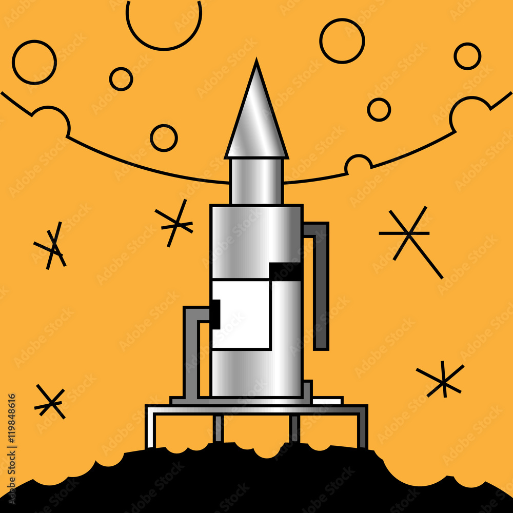 The rocket on the planet on an orange background of the Moon and The rocket on the planet on an orange background of the Moon and