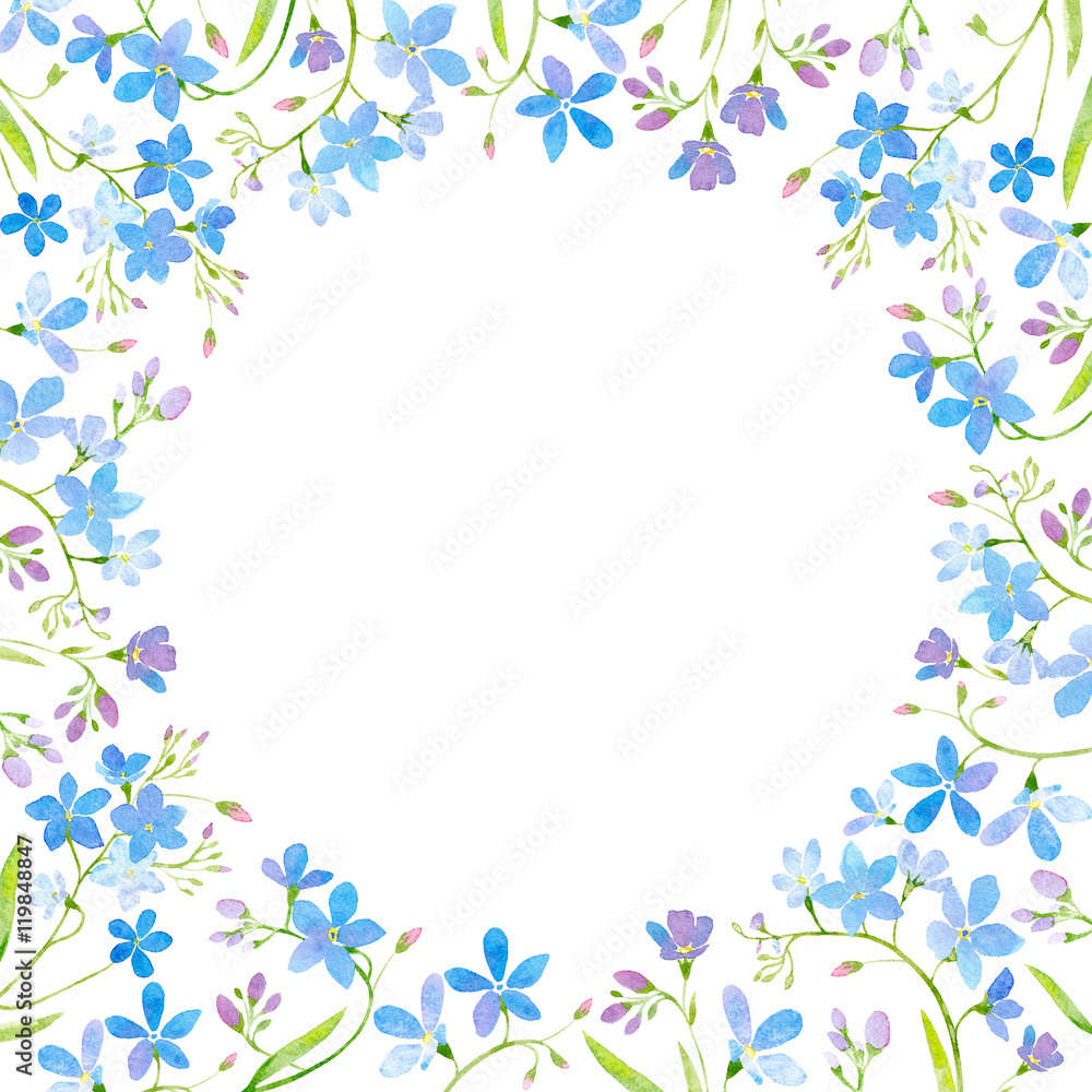 round frame with forget-me-nots flowers.green and blue floral border.watercolor hand drawn illustration. round frame with forget-me-nots flowers.green and blue floral border.watercolor hand drawn illustration.
