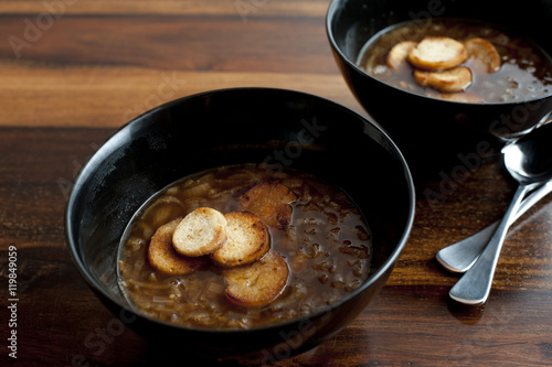 Golden croutons in French onion soup