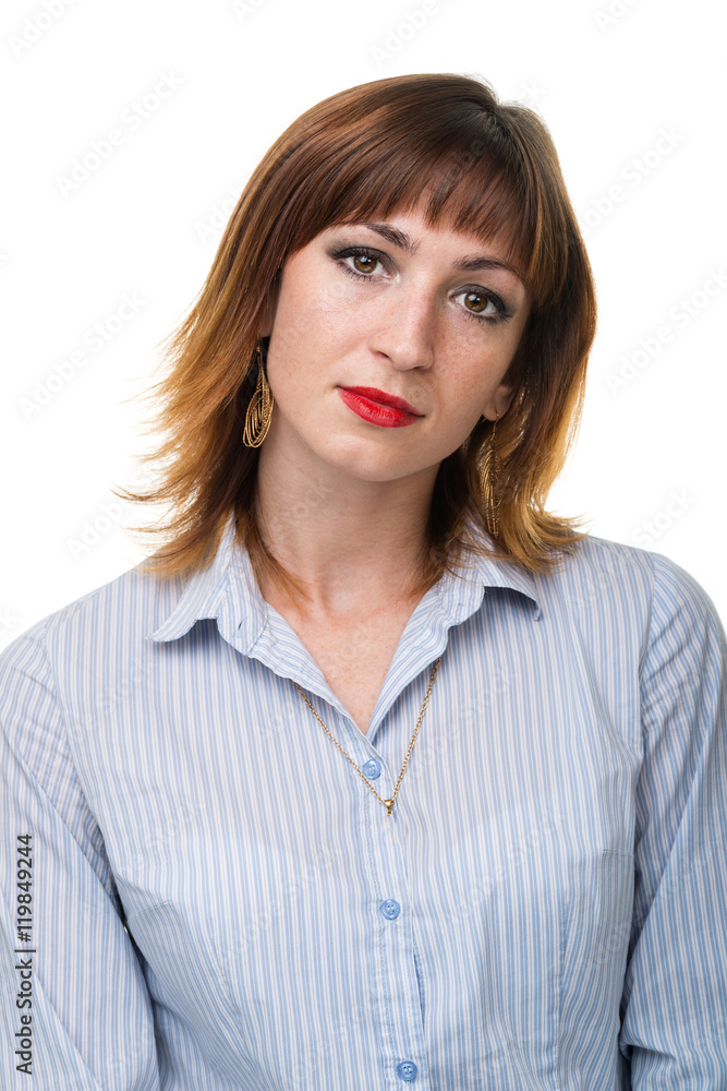 Closeup portrait of sad and depressed woman isolated on white with copyspace Closeup portrait of sad and depressed woman isolated on white with copyspace