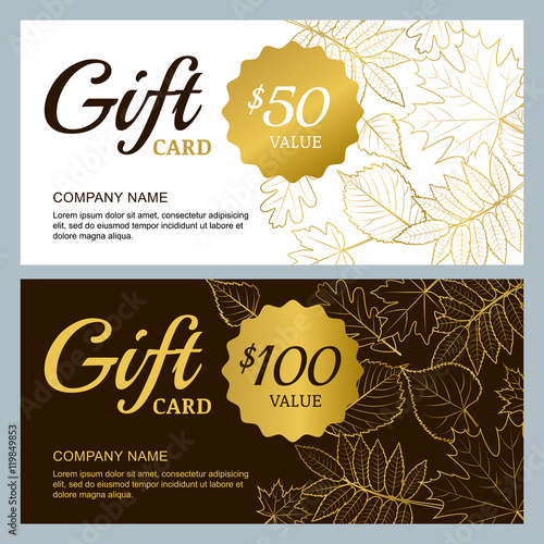 Vector gift voucher template with golden outline fall leaves. Gold, black and white autumn holidays cards. Design concept for gift coupon, invitation, certificate, flyer, banner.