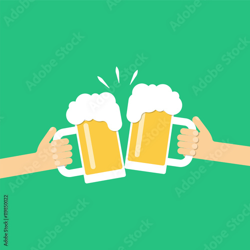 Two hands holding beer glasses, beer glasses clinking. Flat desi