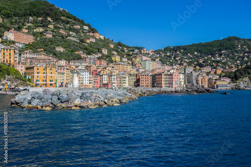 Fototapeta Naklejka Na Ścianę i Meble -  Camogli marina harbor, boats and typical colorful houses. Travel destination Ligury, Italy, Europe.