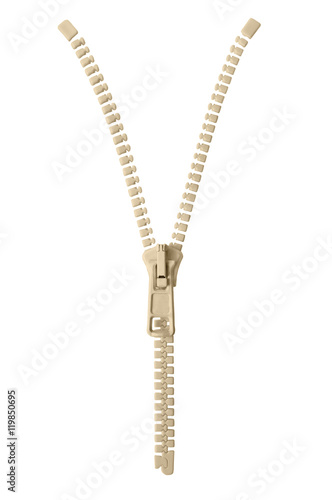 Open beige zipper pull concept unzip metaphor, isolated macro closeup, large detailed partially opened half zippered blank empty copy space, unzipped background, vertical studio shot 