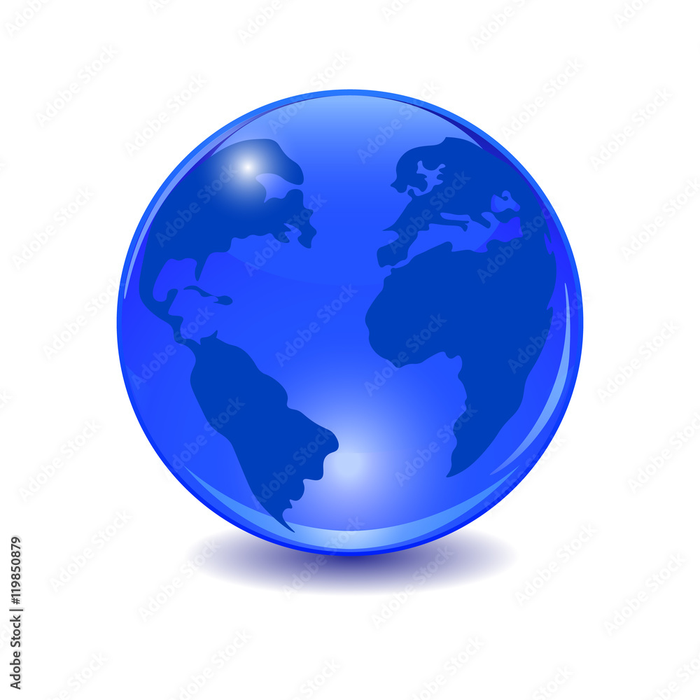 Blue earth. Stylized glossy ball with shadow illustration