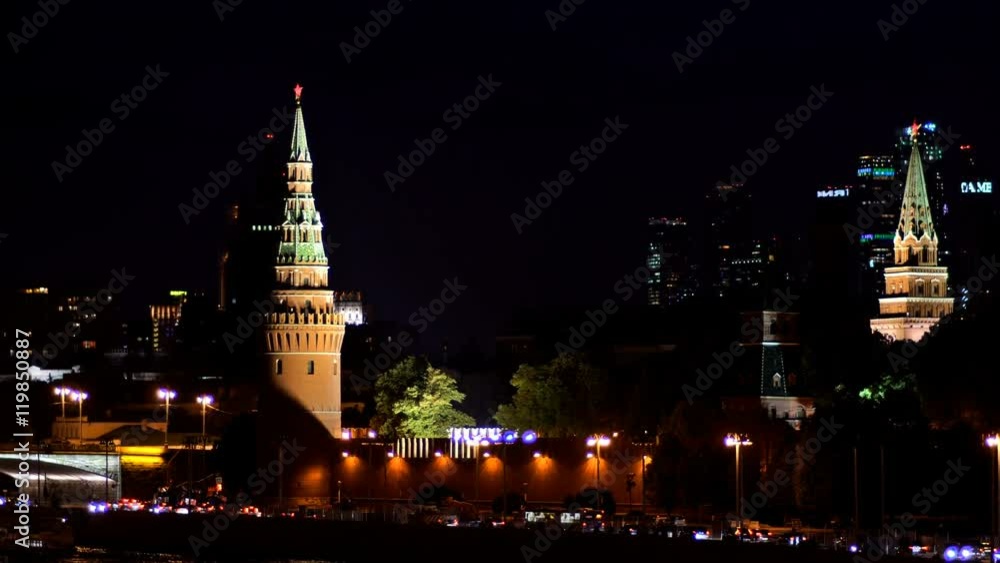 Moscow Kremlin, Moskva River quay, Bolshoy Kamenny Bridge and the skyscrapers of Moscow International Business Center in the evening. UHD - 4K. August 26, 2016. Moscow. Russia Moscow Kremlin, Moskva River quay, Bolshoy Kamenny Bridge and the skyscrapers of Moscow International Business Center in the evening. UHD - 4K. August 26, 2016. Moscow. Russia