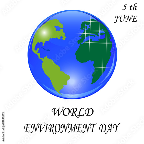 Blue planet with green continents. Stylized glossy ball. World environment Day