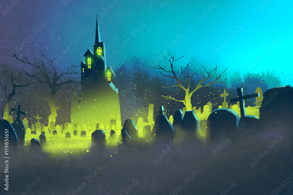 Fototapeta premium spooky castle,Halloween concept,cemetery at night,illustration painting