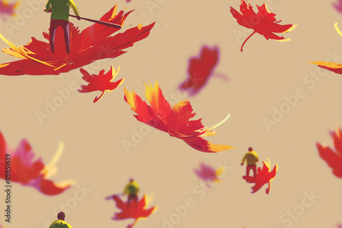 seamless pattern of small men on maple leaves,autumn cocept,illustration painting