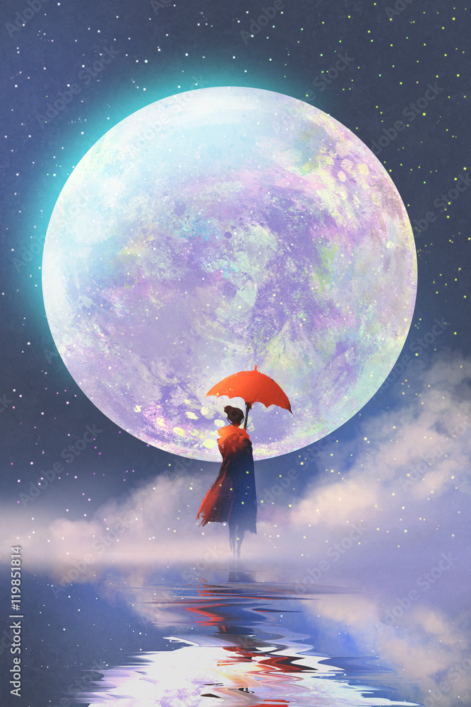 Fototapeta premium woman with red umbrella standing on water against full moon background,illustration painting