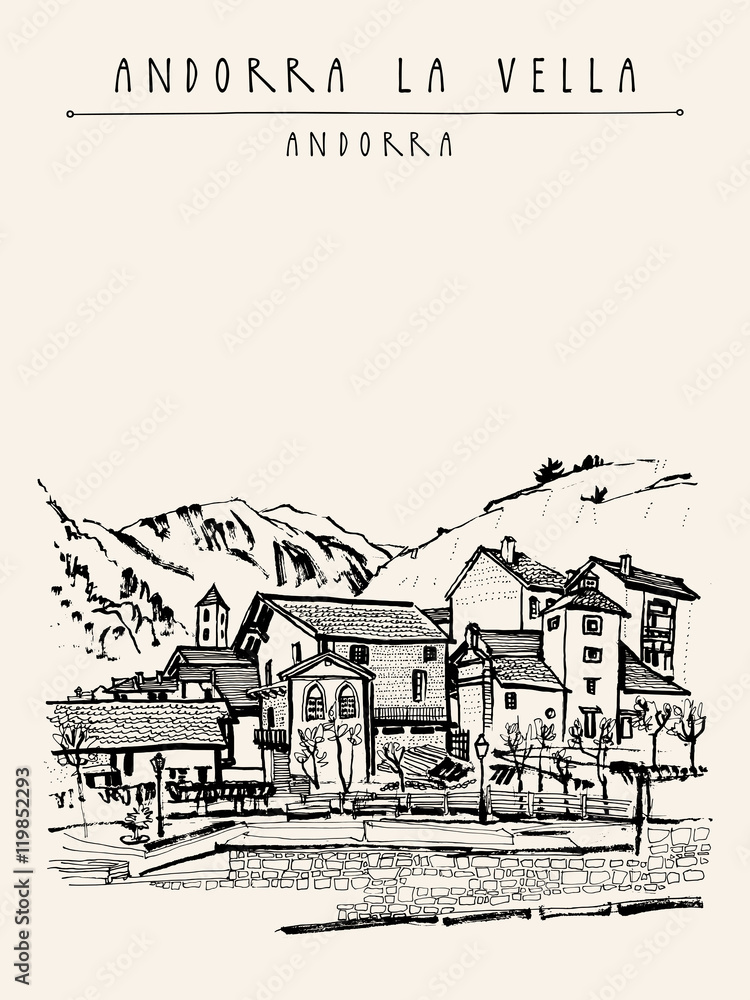 Andorra la Vella, capital of Andorra, Europe. Cozy European town in Pyrenees. Hand drawing in retro style. Travel sketch. Vintage touristic postcard, poster, calendar or book illustration