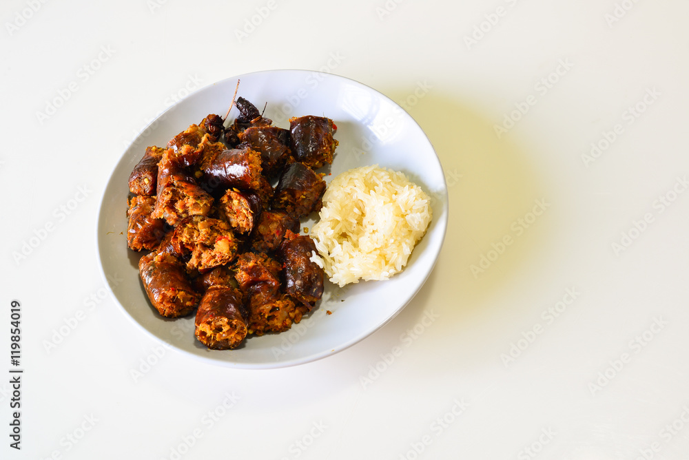 Thai sausage (Asgaew) with sticky rice from the north of Thailand