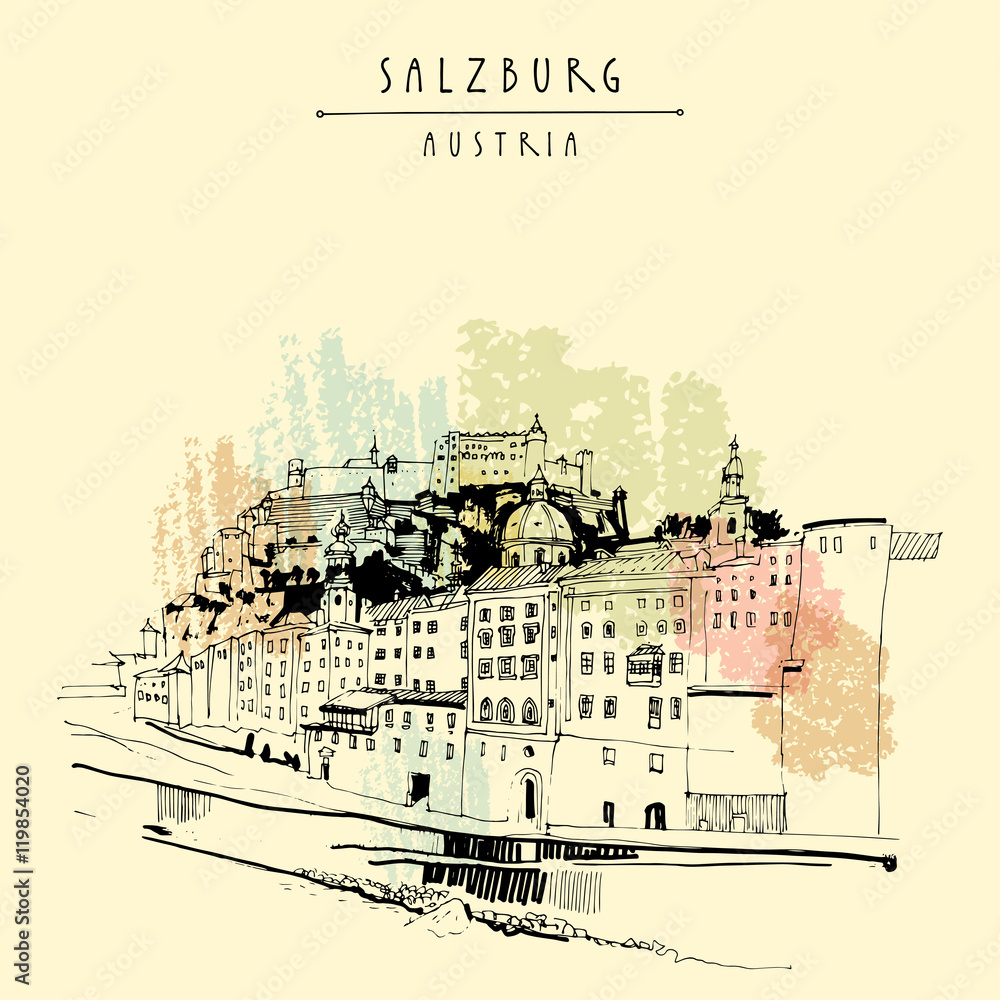 Salzburg skyline, Austria, Europe. Festung Hohensalzburg castle, church, houses,  Salzach river. Hand drawing. Travel sketch. Vintage touristic postcard, poster or book illustration
