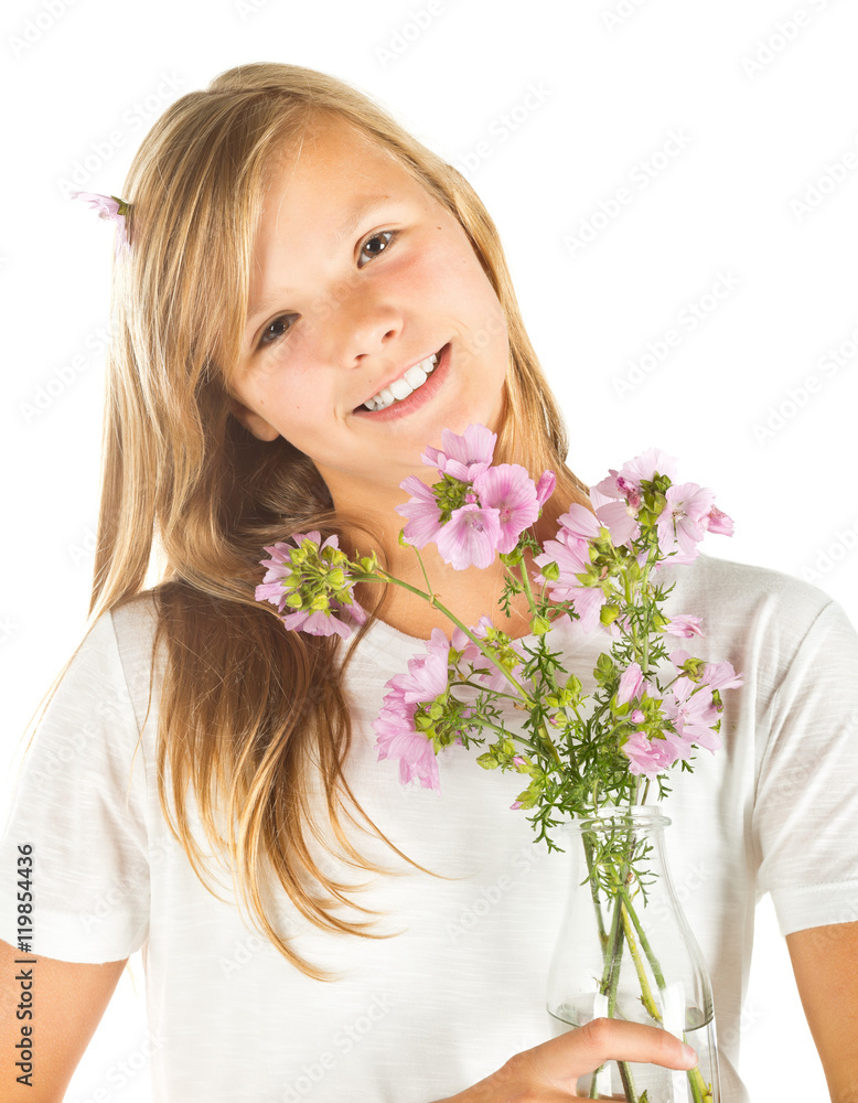 Young girl with white t-shirt and flowers