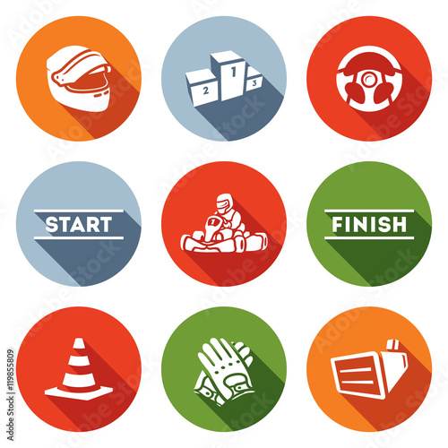 Vector Set of Karting Icons. Helmet, Pedestal, Steering wheel, Start, Kart, Driver, Finish, Delimiter, Gloves, Screen.