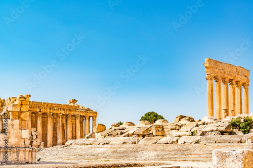 Baalbek in Beqaa Valley, Lebanon. Baalbek is located about 85 km northeast of Beirut and about 75 km north of Damascus. It has led to its designation as a UNESCO World Heritage Site in 1984.  photo