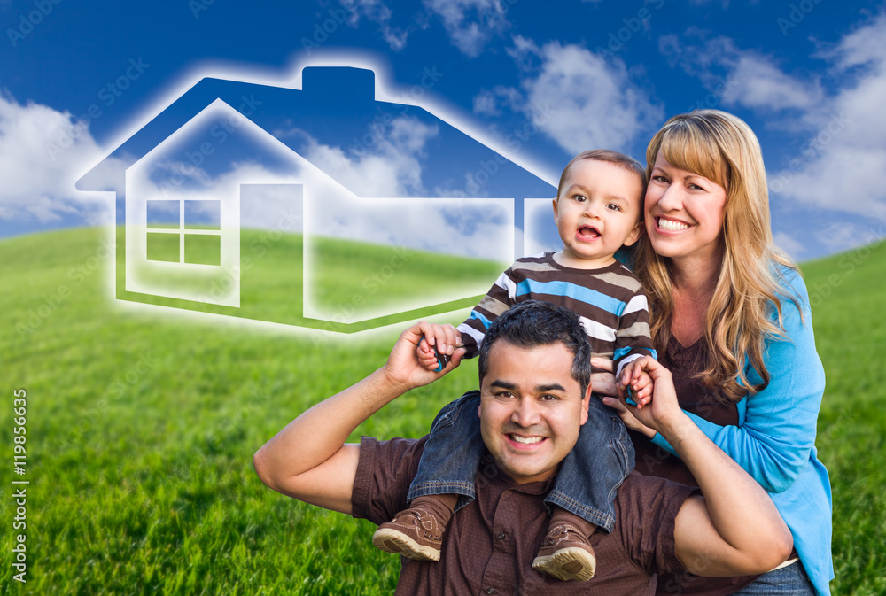 Mixed Race Family with Ghosted House Drawing Behind