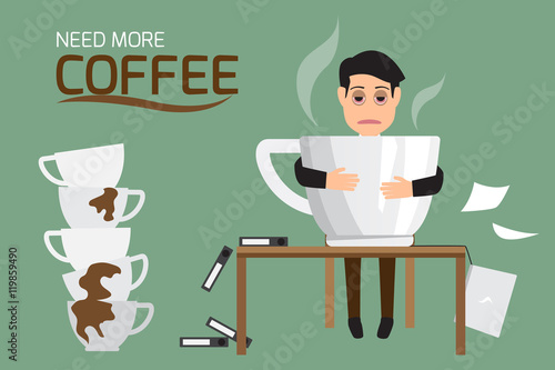 Businessman tired and lazy drink coffee because of drowsiness ne