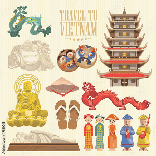 Travel to Vietnam. Set of traditional Vietnamese cultural symbols. Vietnamese landmarks and lifestyle of Vietnamese people