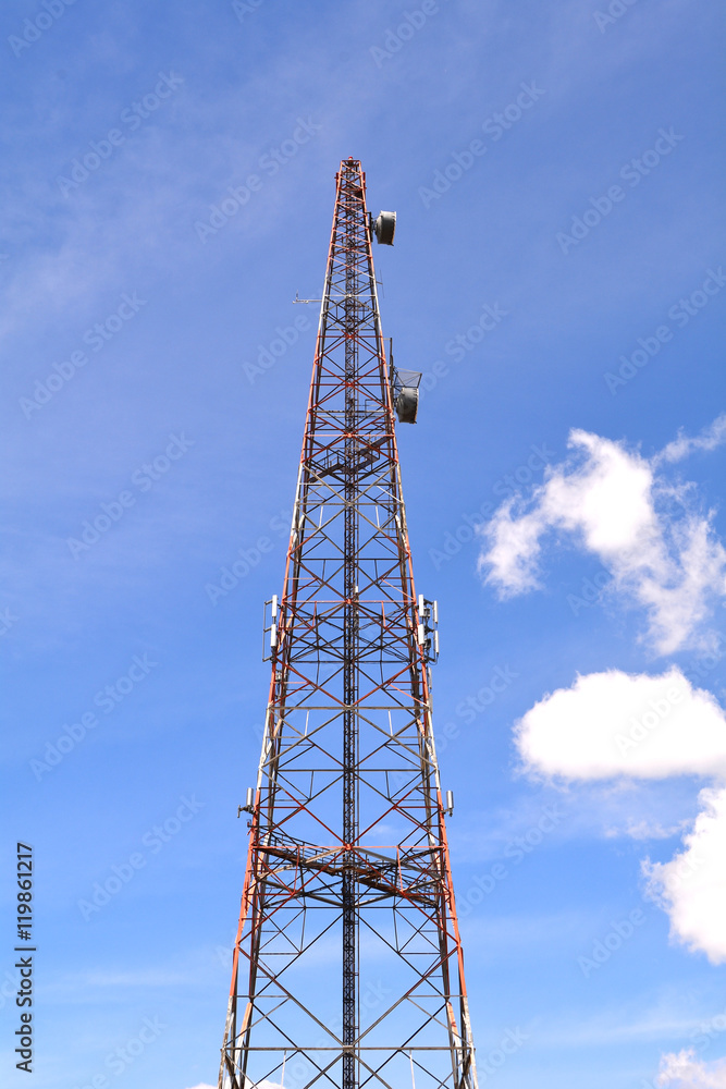 Communication antenna tower with blue sky background, Top of a cellular radio tower. Wireless technology for portable transceivers such as mobile, cell, smart phones, pagers, tablets. Mobile network. Communication antenna tower with blue sky background, Top of a cellular radio tower. Wireless technology for portable transceivers such as mobile, cell, smart phones, pagers, tablets. Mobile network.