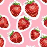 Pattern of realistic image of delicious big strawberries different sizes. Pink background