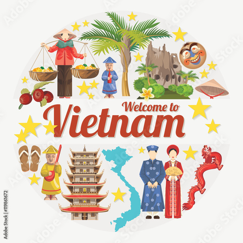Travel to Vietnam. Set of traditional Vietnamese cultural symbols. Vietnamese landmarks and lifestyle of Vietnamese people