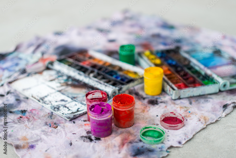 Watercolor aquarelle paints in box with palette Watercolor aquarelle paints in box with palette