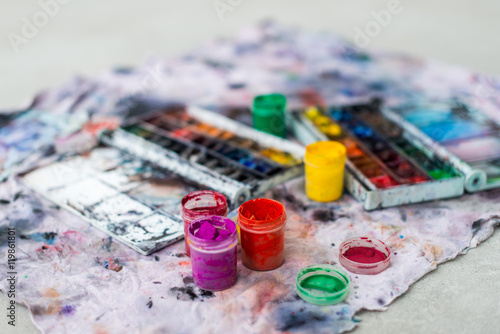 Watercolor aquarelle paints in box with palette