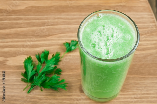 Healthy green smoothie with celery and parsley.