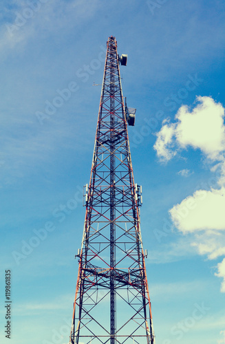 Mobile phone tower. Mobile phone network. Cell site or cell tower, cellular telephone site, electronic communications equipment, radio mast, cellular network digital signal processors.