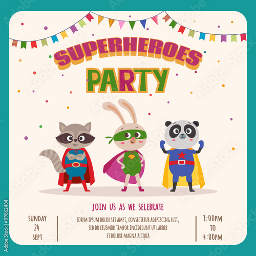 Superheroes. Card invitation with group of cute little animals