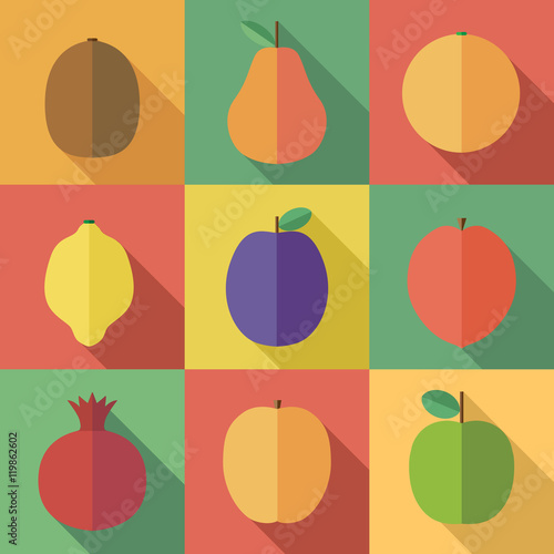 Raw fruits set with long shadow. Fruitarian diet food vector icons. Different summer exotic fruits collection. Kiwi, pear, orange, lemon, plum, mango, pomegranate, peach and apple illustrations.