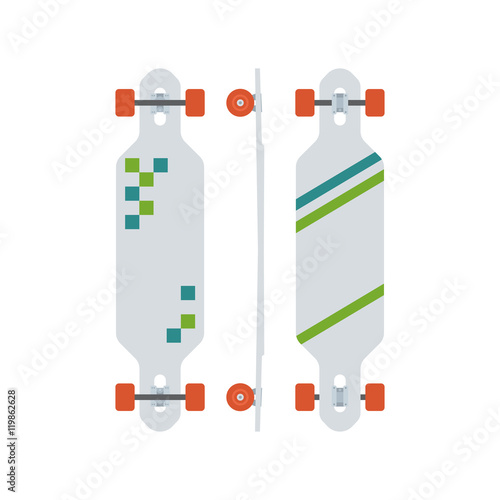 Modern longboard from different sides. Long skateboard set with red wheels. Skateboarding lifestyle. Skate desk vector icon in flat design. Long board illustration.