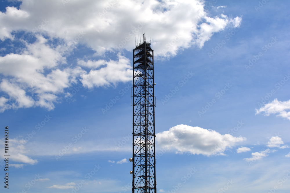 Mobile phone tower. Mobile phone network. Cell site or cell tower, cellular telephone site, electronic communications equipment, radio mast, cellular network digital signal processors. Mobile phone tower. Mobile phone network. Cell site or cell tower, cellular telephone site, electronic communications equipment, radio mast, cellular network digital signal processors.