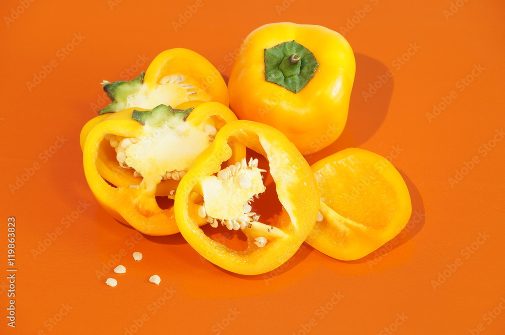 
Yellow pepper isolated on a colorful background. Vegetables isolated on background.
