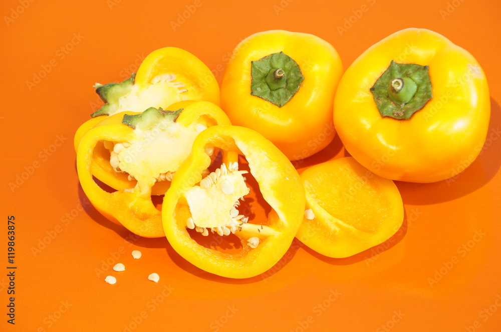 
Yellow pepper isolated on a colorful background. Vegetables isolated on background.