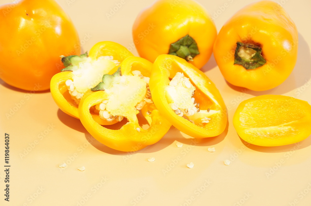 Yellow pepper isolated on a colorful background. Vegetables isolated on background. Yellow pepper isolated on a colorful background. Vegetables isolated on background.