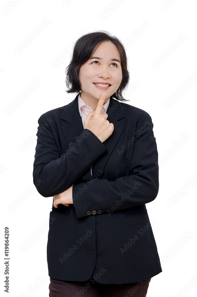 Middle aged asian woman smiles over white background Middle aged asian woman smiles over white background