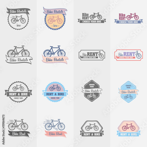 Bike rentals logos, labels and symbols vector set. Color and monochrome