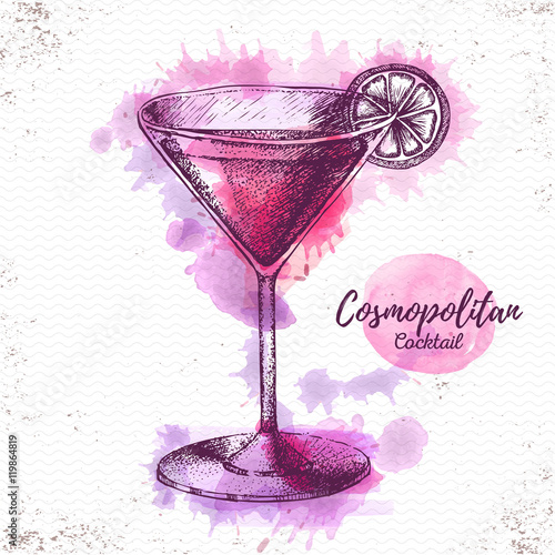 Watercolor cocktail cosmopolitan sketch. Cocktail vector illustration
