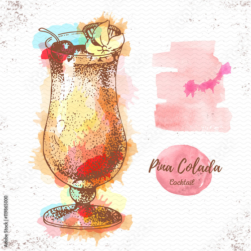 Watercolor cocktail pina colada sketch. Cocktail vector illustration