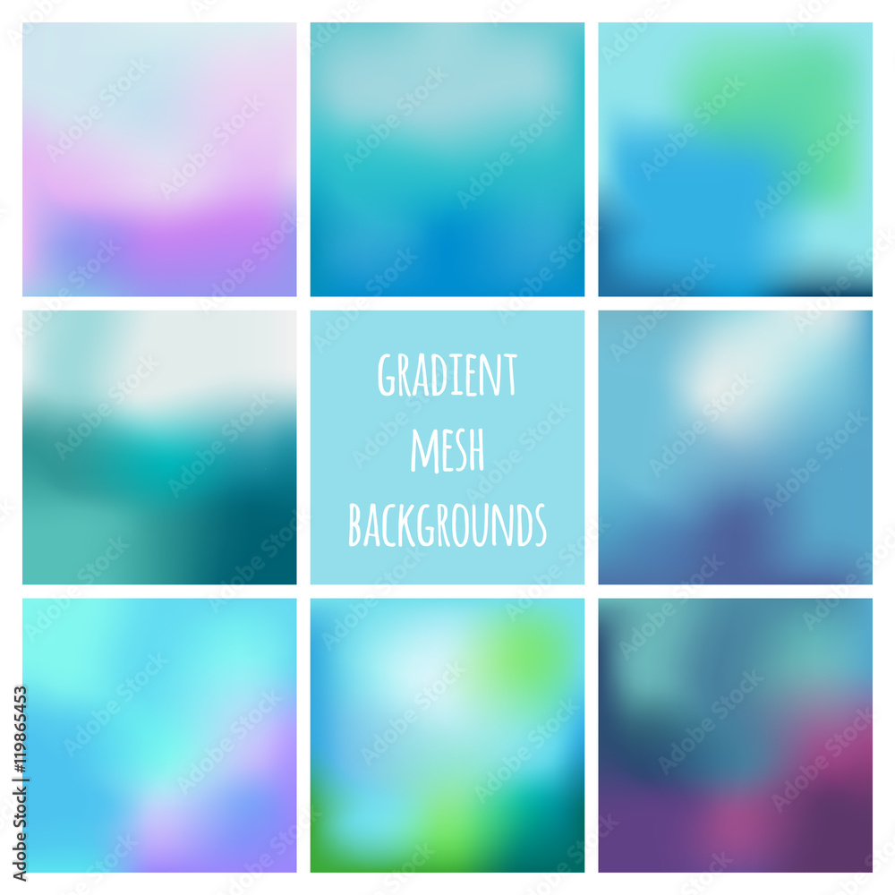 Set of eight colorful gradient mesh backgrounds