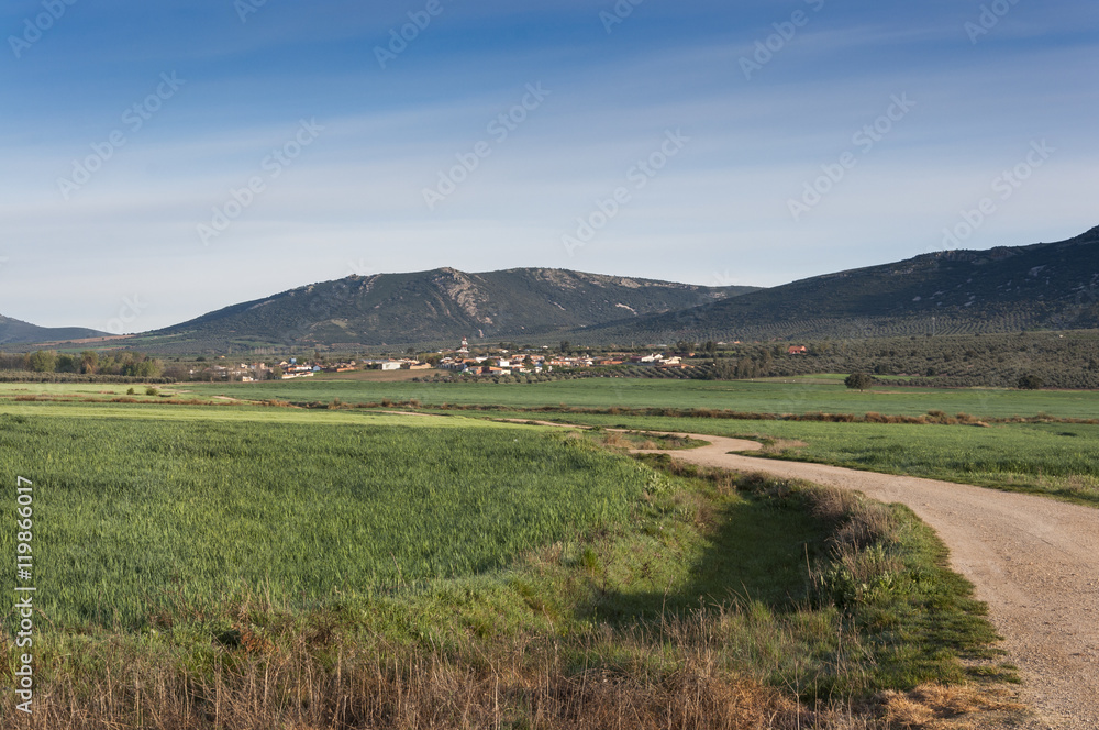 Obraz premium Small hamlet in an agricultural landscape in La Mancha, Ciudad Real Province, Spain. In the background can be seen the Toledo Mountains