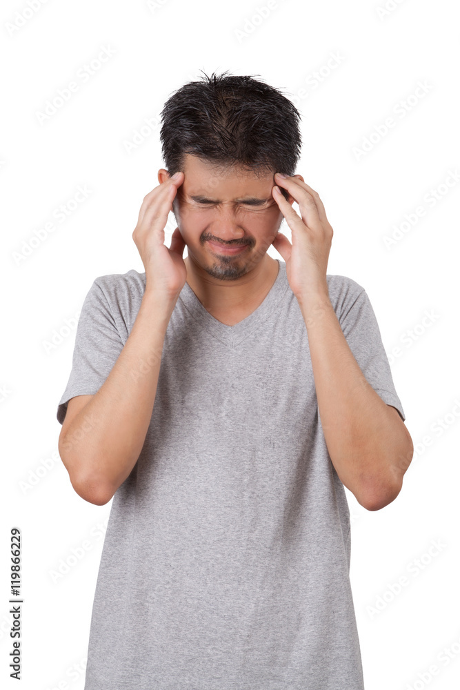 The sick man standing on white background and put his hands on h The sick man standing on white background and put his hands on h