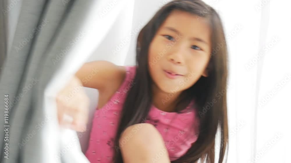 Girl Playing Hide and Seek, Happy Little Girl Playing with Curtains, Children Girl Playing Hide and Seek, Happy Little Girl Playing with Curtains, Children